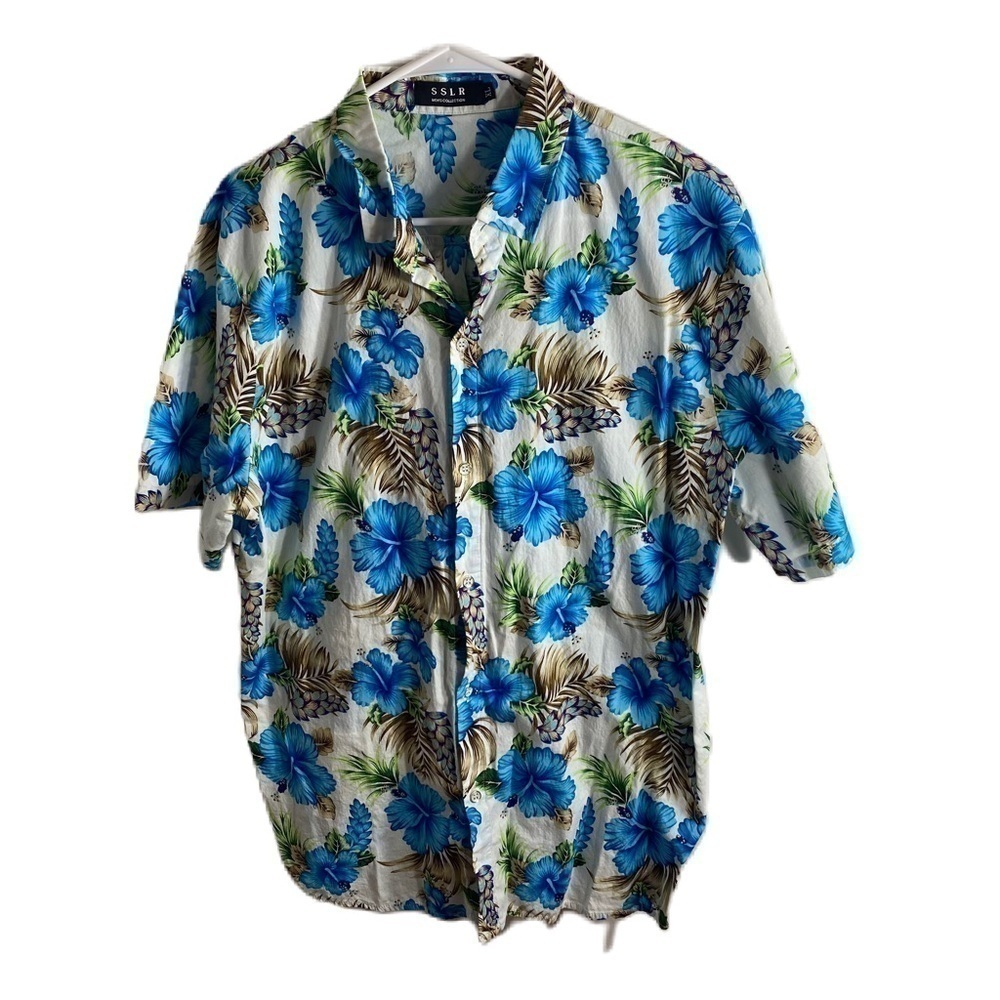 SSLR Blue Hawaiian Shirt XL White Button Down Short Sleeve Men’s